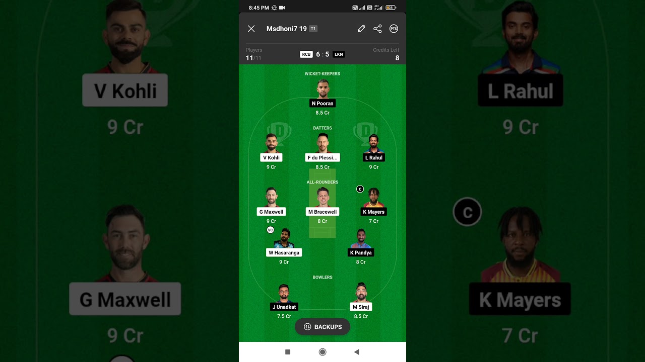 TATA IPL match 2023 match no.15 RCB VS LKN dream 11 team 