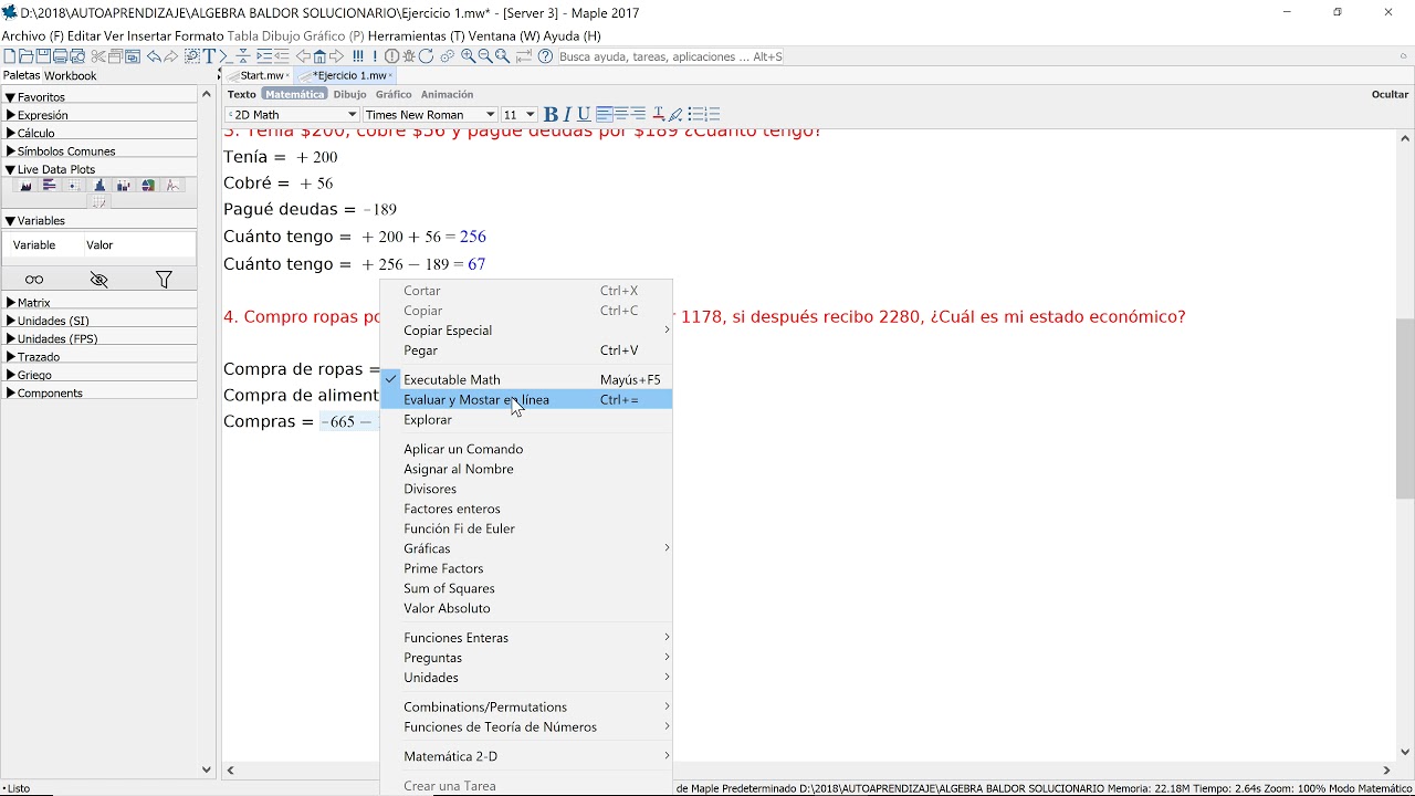 Algebra de Baldor Ejercicio 1 - 4 en Maple - YouTube