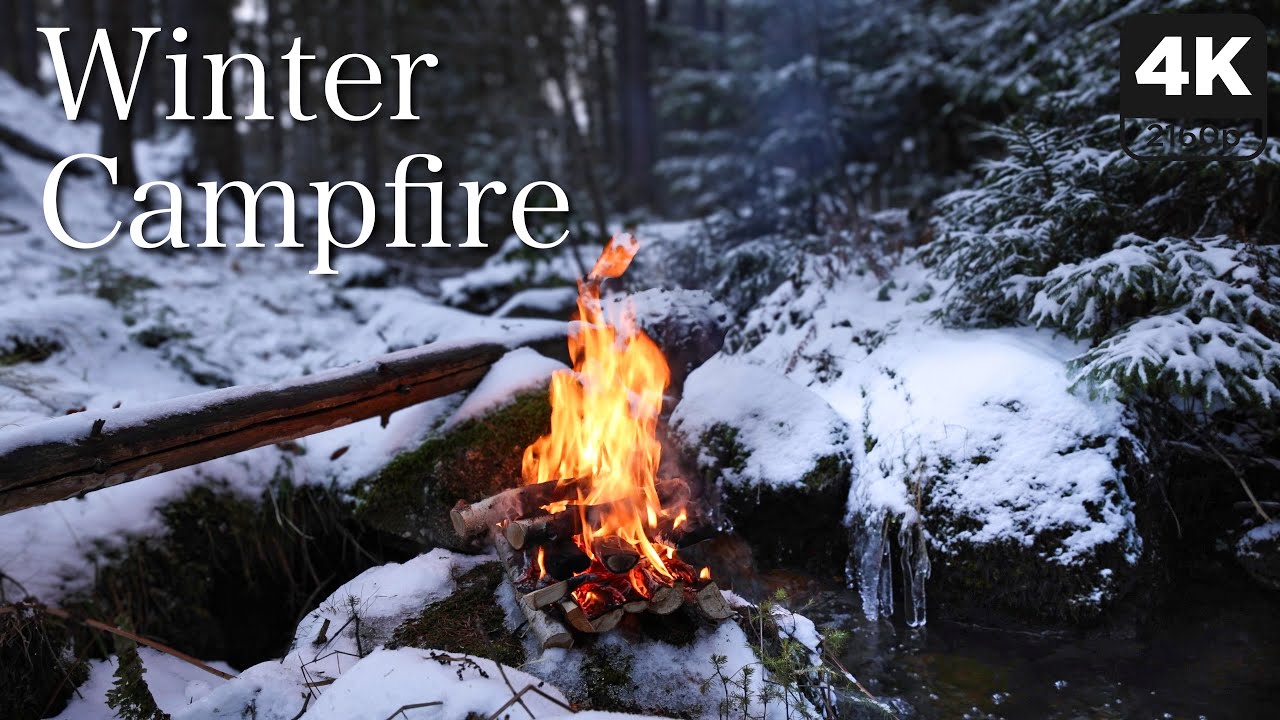 4K Campfire Ambience - Crackling Fire Mixed with Gentle Stream