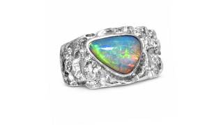 Men's Sterling Silver Opal Ring - Green Triangle &amp; Nugget Style Textured Band - 9101 | FlashOpal