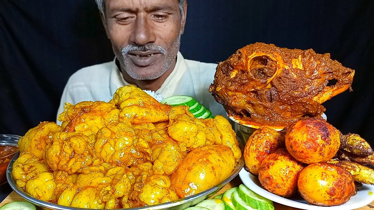 Eating Oily Mutton Fat Curry, Spicy Goat Head Curry || Egg, Fish Tandoori with Rice || Eating Show