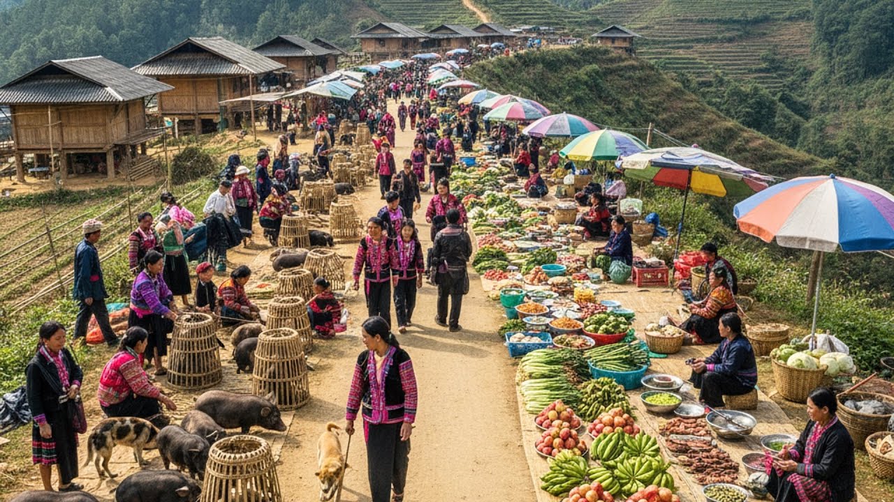 The poor market of the Hmong people in the mountains has lots of pigs and vegetables