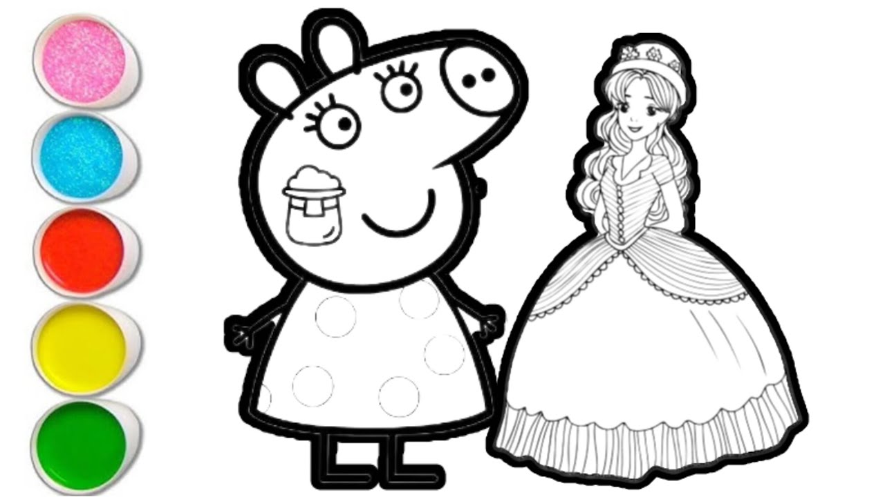 Drawing Princess Papi Peppa pig with princess drawing and coloring for kids and toddlers ...