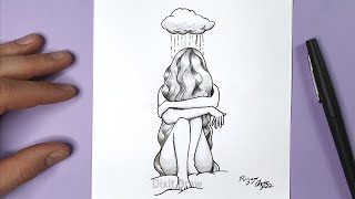 Zeichnung eines traurigen Mädchens | Bleistiftzeichnung auf Papier | Wie man ein hockendes Mädchen