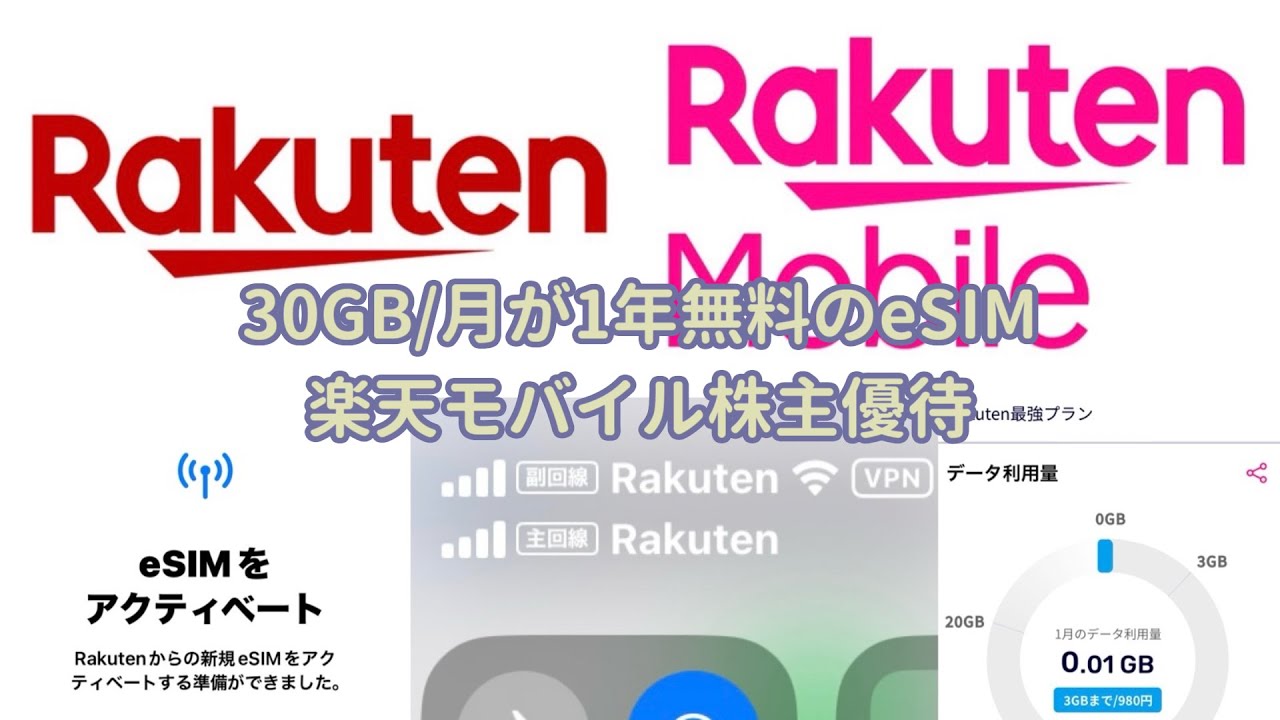 レビュー】30GB/月が1年無料のeSIM：楽天モバイル株主優待 - YouTube