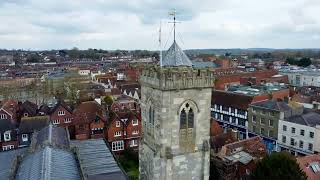 Salisbury Town Centre - drone view of River Avon, Cathedral, Old Sarum and City Hall