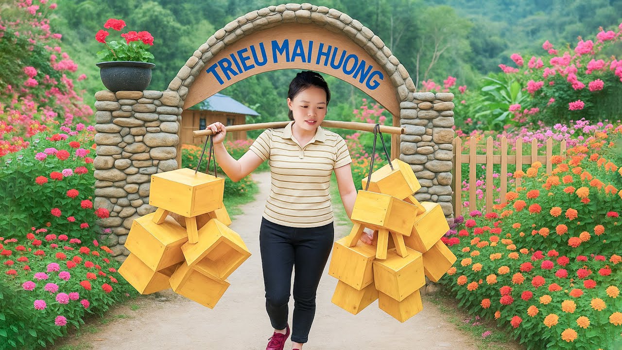 Process of making handmade wooden chairs, making gates and fences, planting flowers in the garden