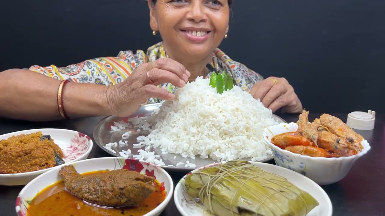 BIGBITES, EATING RICE WITH VETKI PATURI, TEL KOI, CHINGRI MALAI CURRY, MURGI BATA।।