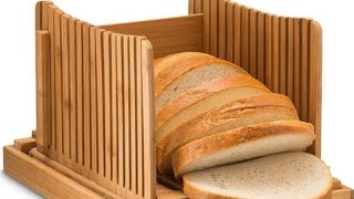 Purenjoy Bamboo Wood Foldable Bread Slicer Compact Bread Slicing Guide with Crumb Catcher Tray for Homemade Bread Thickness Adjustable
