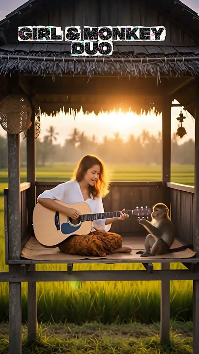 Penampilan Gitar yang Damai di Tengah Sawah 🌾 | Gadis Indonesia & Monyet Bermusik 🎸 #shorts