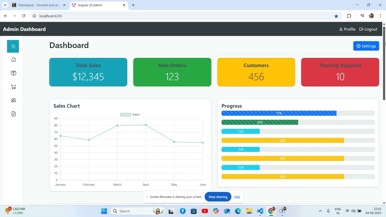 Angular 20 Admin Dashboard Template with Bootstrap 5 & Chart.js Integration