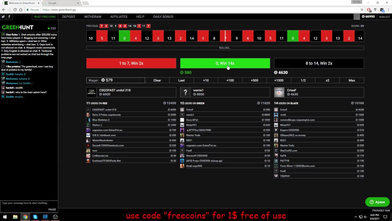 Greenhunt.gg NEW roulette site 1$ FREE "freecoins" 1000coins win skins