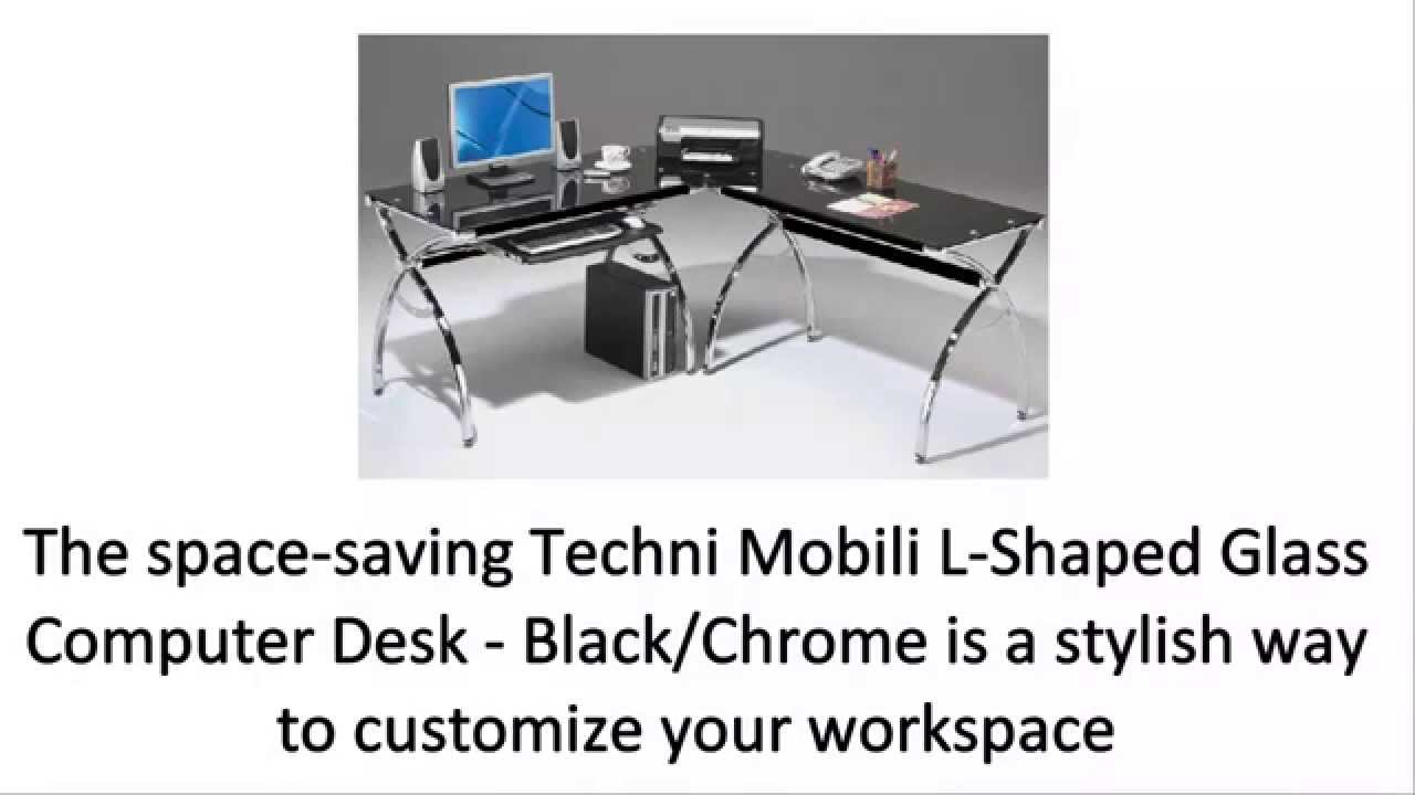 Techni Mobili L Shaped Glass Computer Desk Black Chrome Youtube