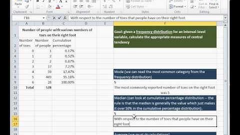 Measures of central tendency from frequency data in Excel 2010