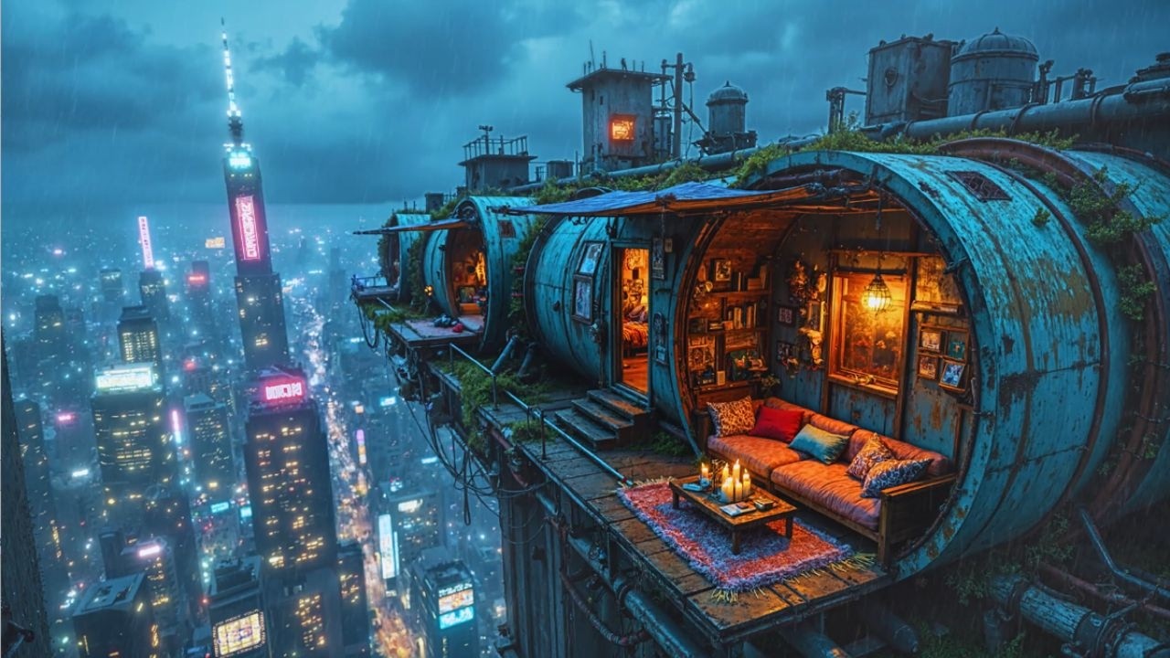 Soft Lofi Rain – Cozy Rain Overlooking a Neon Cyberpunk City | Night Study & Sleep