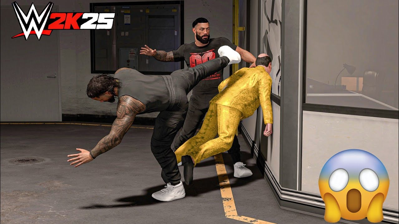 WWE 2K25 - Jey Uso and Roman Reigns Destroys Paul Heyman at Backstage | Gameplay