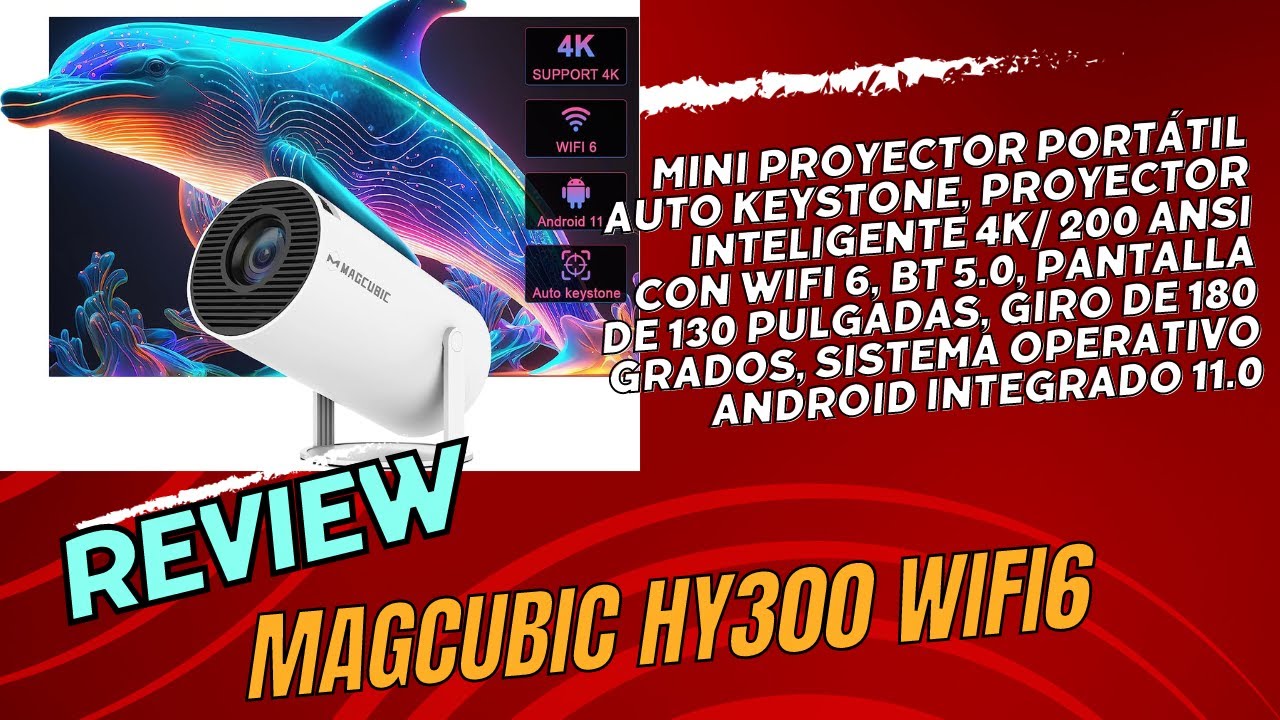  Mini proyector, Magcubic HY300 - Proyector portátil con  corrección trapezoidal automática, proyector inteligente 4K/ 200 ANSI con  WiFi 2.4/5G, BT 5.0, pantalla de 130 pulgadas, giro de 180 grados, :  Electrónica