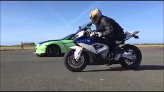 1000bhp GTR vs 2016  BMW S1000RR, drag racing on a runway, car vs bike