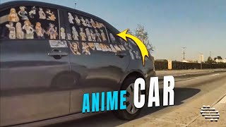 Car Covered in Anime Stickers Driving Down the Freeway