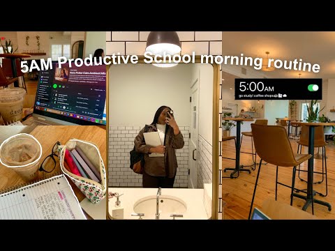 5AM productive school morning routine (romanticizing school, studying at a coffee shop, study vlog)