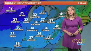 Cloudy, windy skies Monday with light snow chances in afternoon