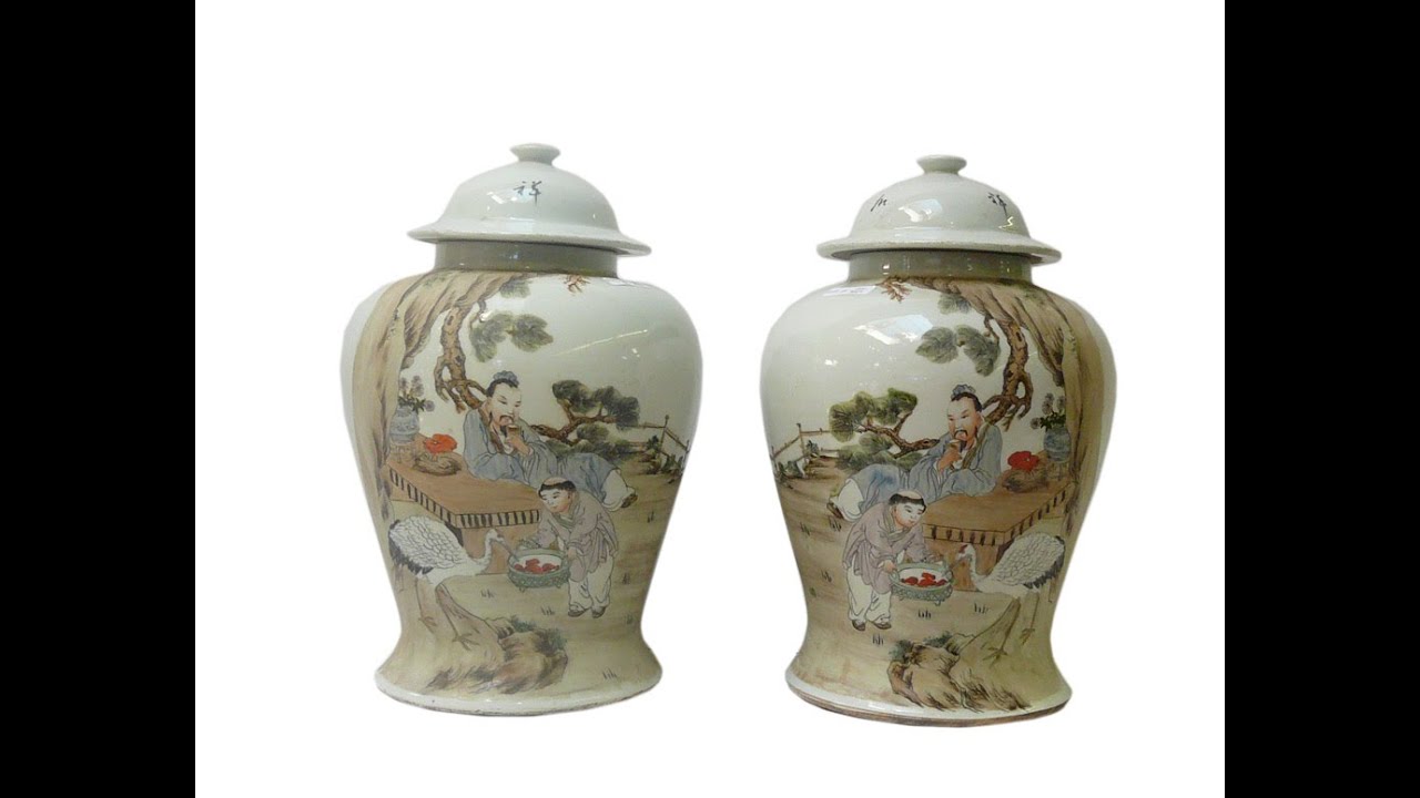 Pair Oriental Chinese Scholar Kid Crane Porcalin Temple Jars cs594