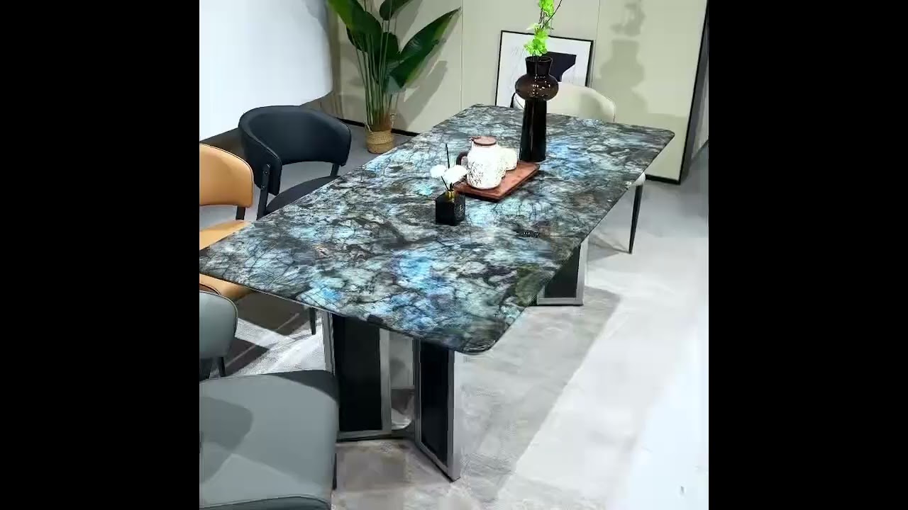 Emerald Amazonite Blue Natural Stone Dining Table – 160cm Luxury Rectangular Table with Sculptural Chrome & Matte Black Base | FOH Furniture YouTube player