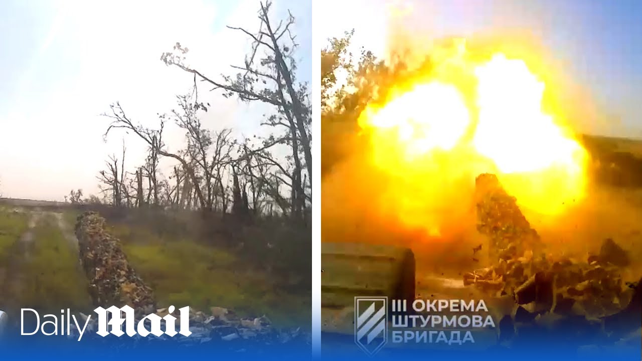 Moment Ukrainian tanks blast Russian trenches at point-blank range near Bakhmut