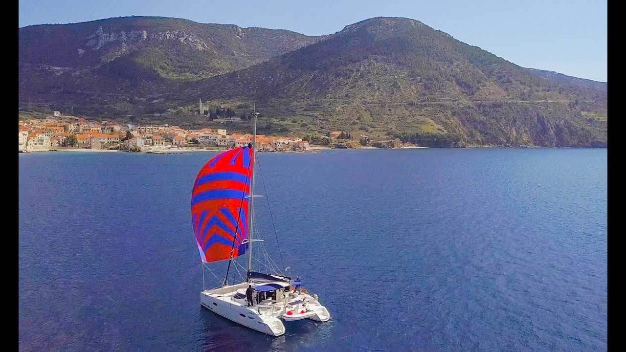 Drone flying while Spinnaker Sailing in Komiza, Vis, Croatia