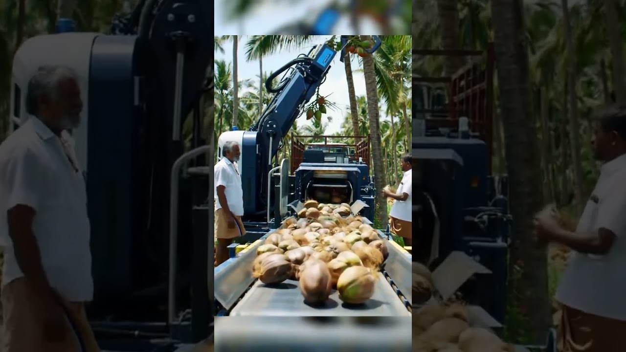 Futuristic Coconut Harvesting Machine with Conveyor Loading System.
