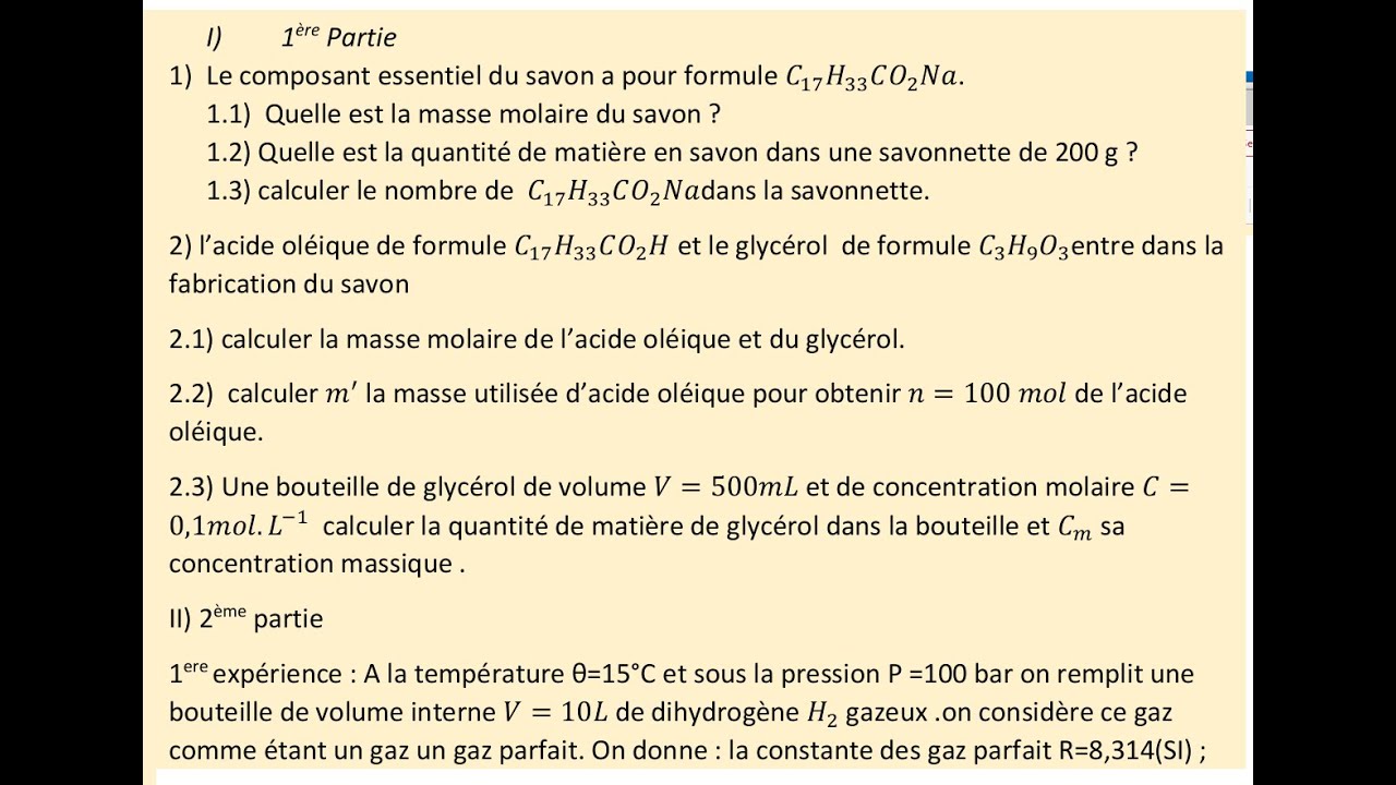 exercice de chimie 1 bac les grandeurs liées à la quantité de la matière