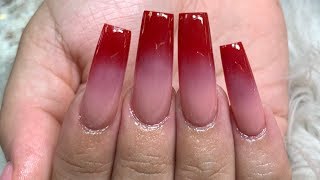 Long Red Ombre Tapered Squared  Acrylic Nails