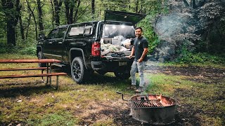 RELAXING NIGHT TRUCK BED CAMPING IN RAIN + CAMP AND COOK + TRUCK BED SETUP