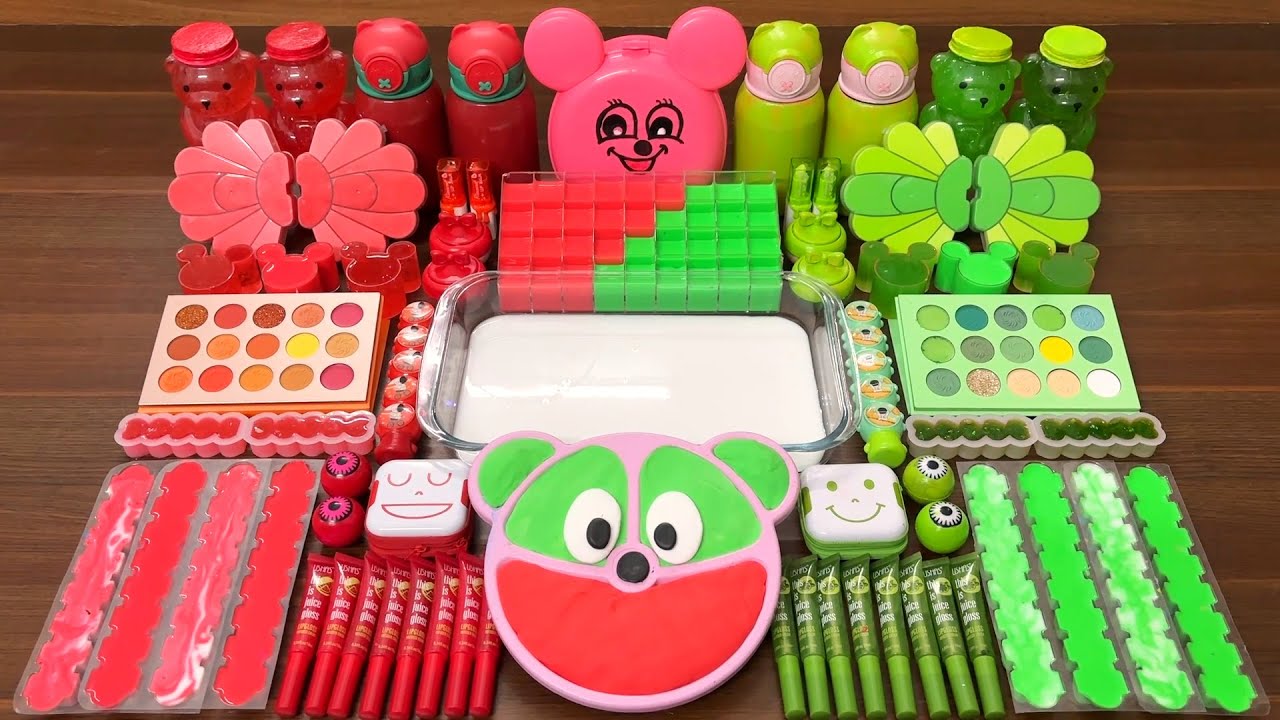 Slime Mixing Random Things: Red vs Green Glossy & Makeup Art