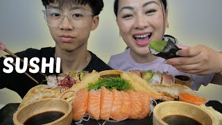 SUSHI with NICO! Salmon Sashimi, Gyoza, Temaki Cone and Hawaii Roll | N.E Let's Eat