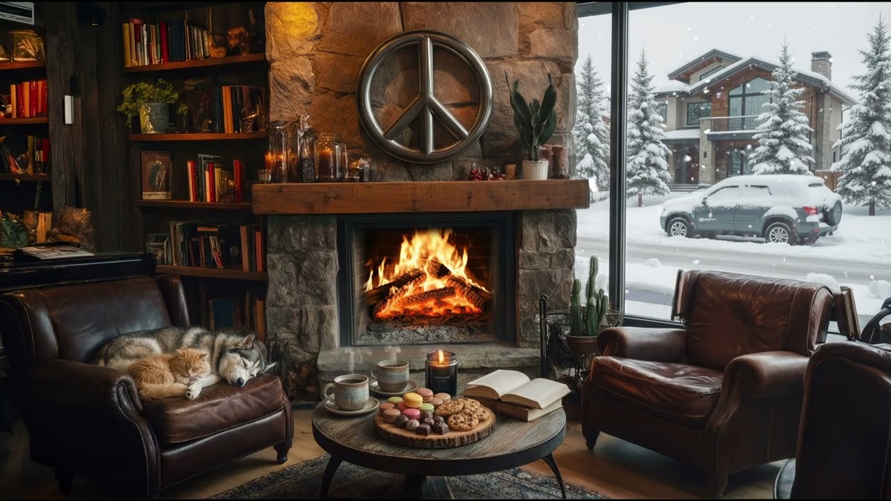 Positive Morning Coffee Jazz, Crackling Fireplace & Falling Snow: Relaxing Instrumental Music