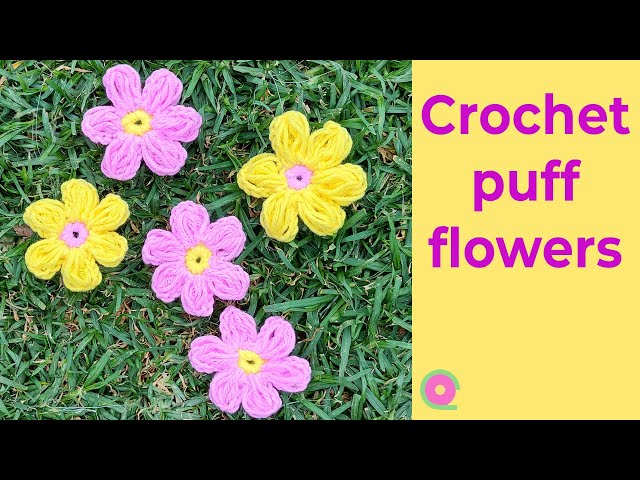 How to crochet a puff flower. 6 or 8 petal puff flower tutorial
