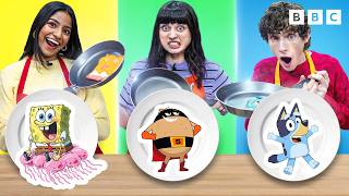 Pancake Art Challenge Bluey, Spongebob & Supertato