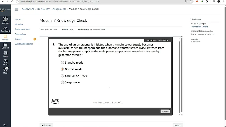 Module 7 Knowledge Check | Data Center Generators \ AWS Academy Engineering Operations Technician