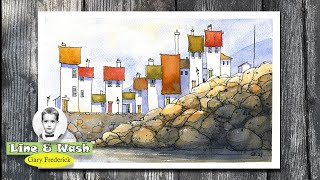 Line and Wash - Simple village, rocks and water.