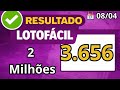 RESULTADO LOTOFÁCIL HOJE 08/04/2026 Concurso 3.656 | 🟣 2 MILHÕES
