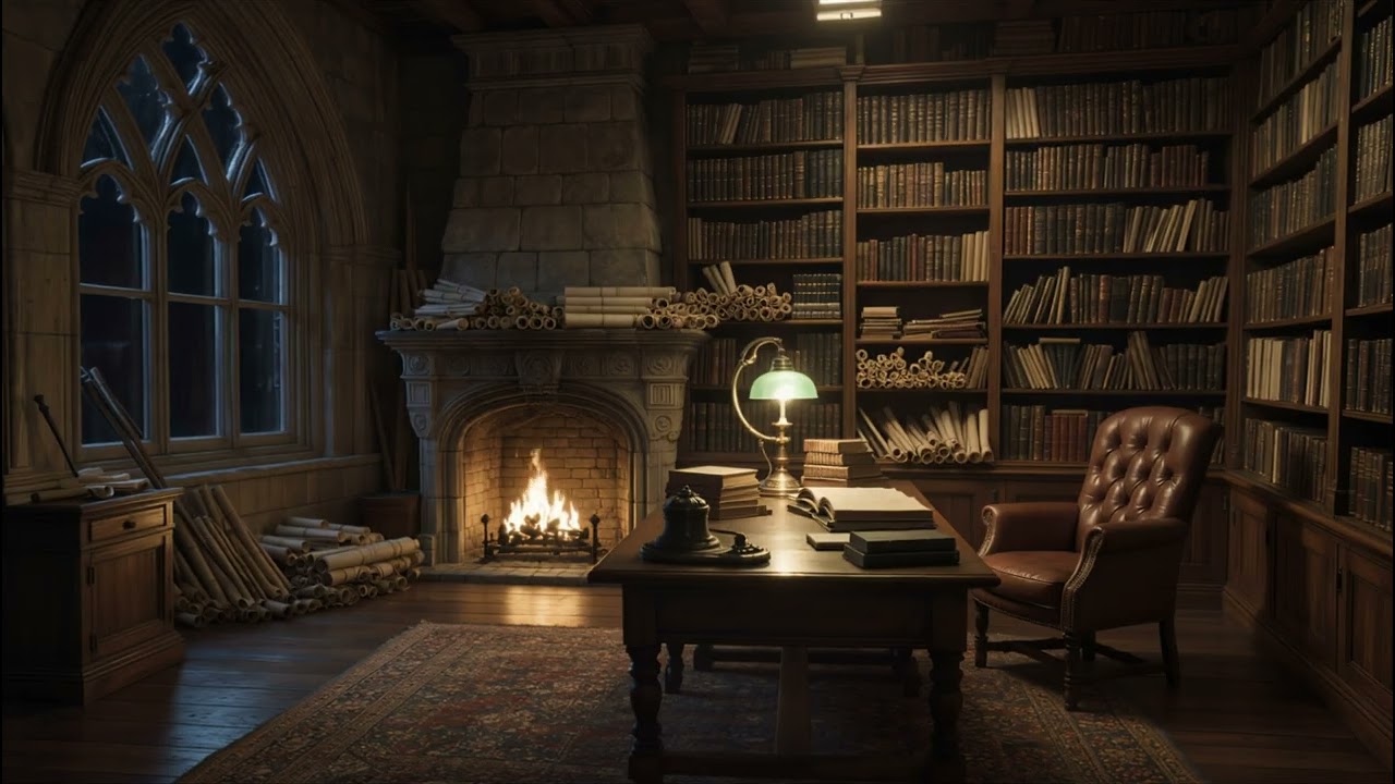 Fireplace & Wind Storm Sounds | Cozy Library Study Ambience | 8 hours