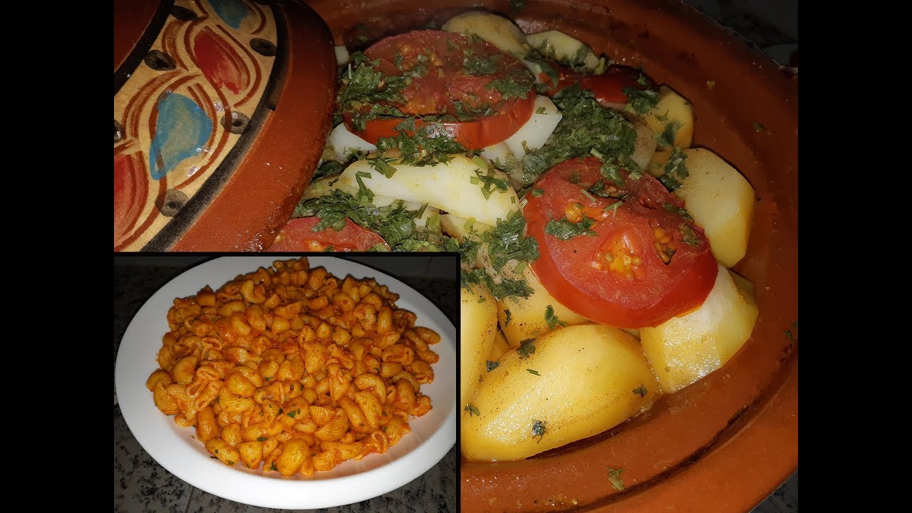 طاجين مخضر بثلات انواع من البطاطس/مقارونية بصوص  طوماط كتجي لذيذة بزاف