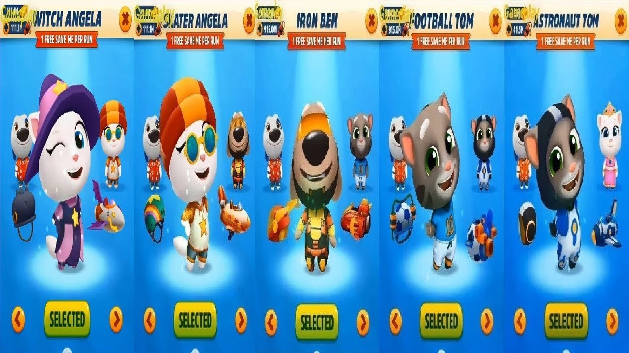 Talking Tom Gold Run Witch Angela VS Skater Angela IRON BEN FootballTom Astronaut Tom VS the Raccoon