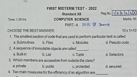 12th std computer science first midterm test question paper 2022