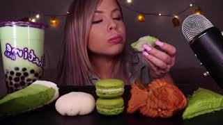 Bites Only Asmr Matcha Foods, Diafuku Mochi, Bubble Tea, Crepe Cake, Macaron Mukbang Hunnibee Asmr