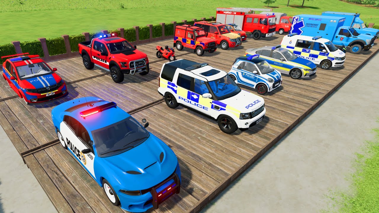 TRANSPORTING CARS AMBULANCE FIRE TRUCK POLICE CARS OF COLORS WITHTRUCKS   FARMING SIMULATOR 22