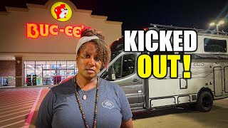 WE GOT KICKED OUT! Boondocking Fail at Bucee’s in our Camper Van (RV Life)