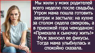 видео: После свадьбы мы стали жить у моих родителей. А утром я застала на кухне свекровь с чемоданами. картинка: После свадьбы мы стали жить у моих родителей. А утром я застала на кухне свекровь с чемоданами.