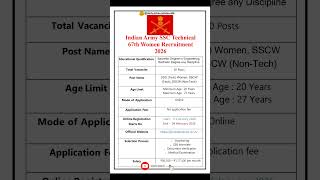 Indian Army SSC Technical 67th Women Recruitment 2026 | New Vacancy 2026 | dailyJobs updates #shorts Wealth